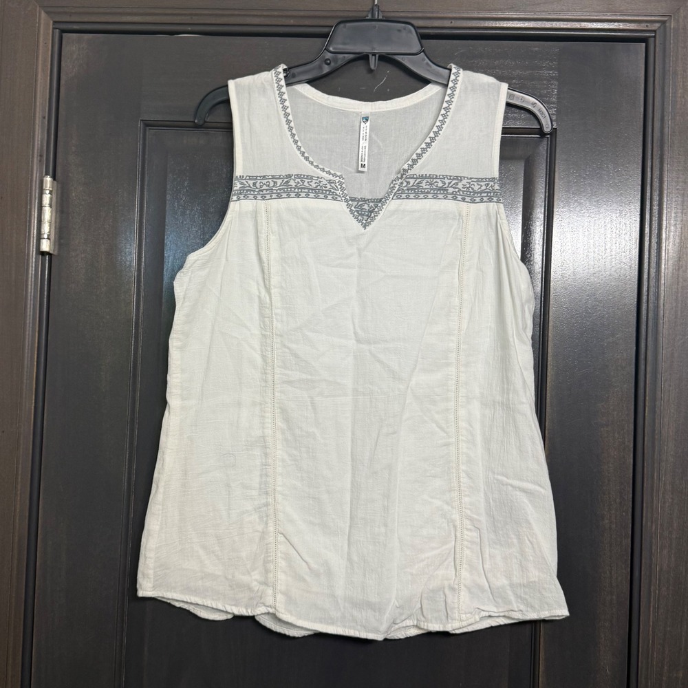 Kuhl Womens White Organic Cotton Embroidered Split Neck Sleeveless Top Size M